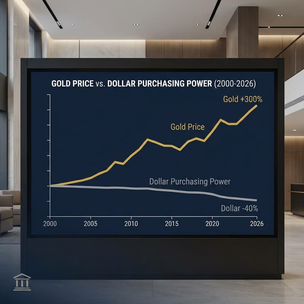 Chart showing Gold Price rising vs Dollar Purchasing Power falling (2000-2026)